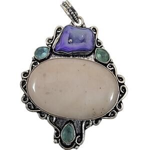 Handmade Silver Pendant with White Jasper, Sugilite & Emerald Accents